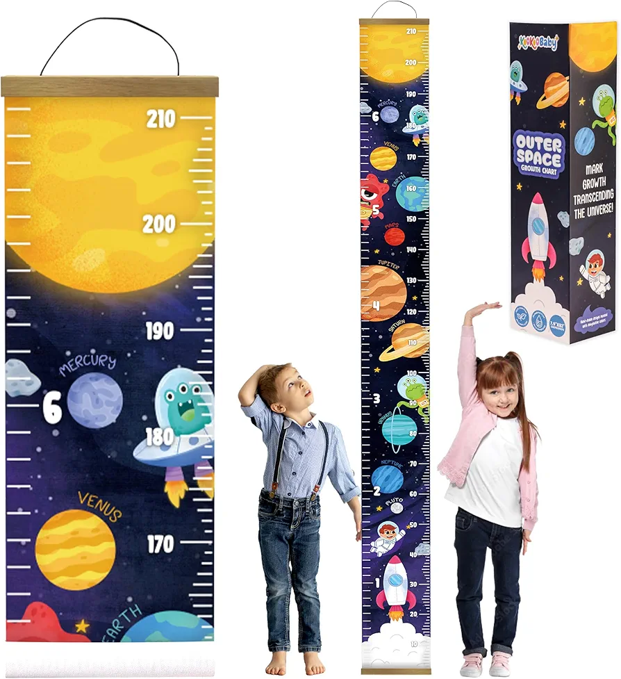 Canvas Growth for Baby and Kids - Nursery or Toddler Room Wall Decor for Girl and Boy - Removable Roll Up Canvas Chart with Wooden Frame (Outer Space)