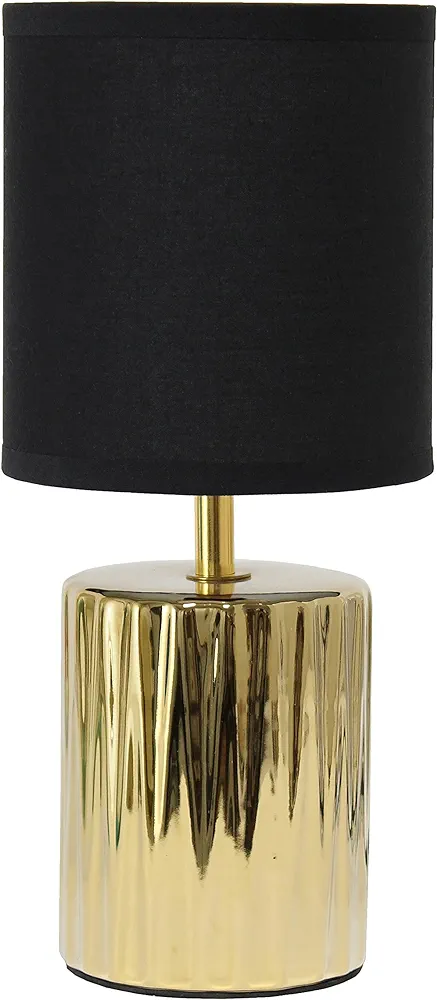 Simple Designs LT1132-GLD 11.61" Tall Contemporary Ruffled Metallic Gold Capsule Bedside Table Desk Lamp w Black Drum Fabric Shade for Home Decor, Bedroom, Living Room, Entryway, Office