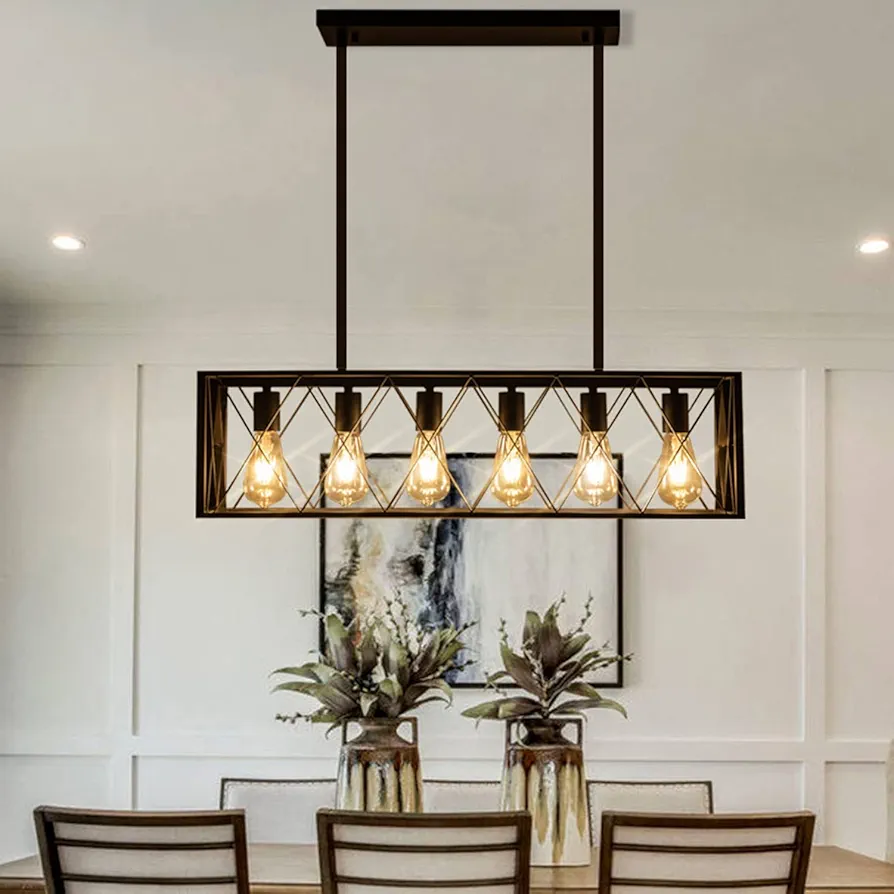 Kitchen Island Pendant Lighting 6-Light Black Metal Industrial Bar Chandelier Fixtures Vintage Hanging Farmhouse Rectangle Linear Chandelier for Dining Room Living Room