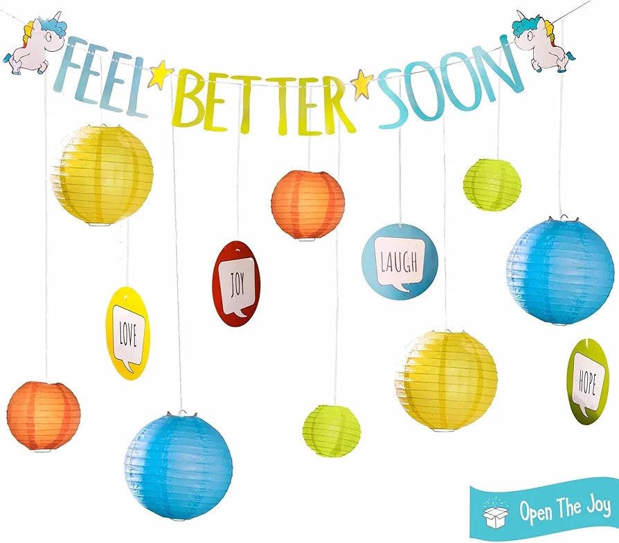 Feel Better Soon Decoration Kit - Transform Hospital Rooms with Unicorn Decorations, Get Well Soon Gifts, Paper Lanterns, and Kids Decorative Banner - 13-Piece Set