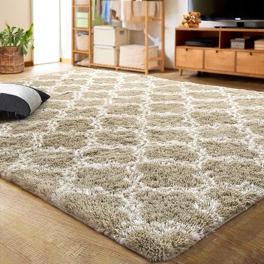 LOCHAS Luxury Shag Area Rug 5x8 Feet Geometric Plush Fluffy Rugs, Extra Soft Carpet Moroccan Rugs for Bedroom Living Room Dorm Kids, High Pile Shaggy Floor Rug Decor, Beige and White