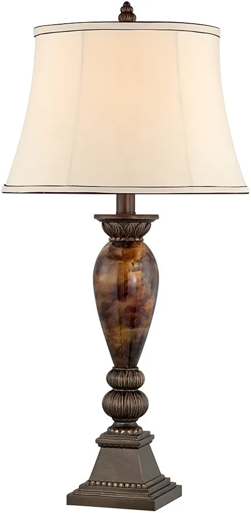 kathy ireland Mulholland Traditional Vintage Table Lamp 33" Tall Aged Bronze Golden Faux Marble Off White Bell Shade for Living Room Bedroom House Bedside Nightstand Home Office Entryway