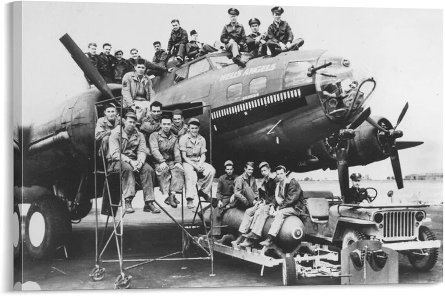 B-17 Air Force Bomber Named Hells Angels - 358th Bomber Squadron - 1943 Photograph Vintage Black and Canvas Wall Art Prints for Wall Decor Room Decor Bedroom Decor Gifts 12x18inch(30x45cm) Frame-sty