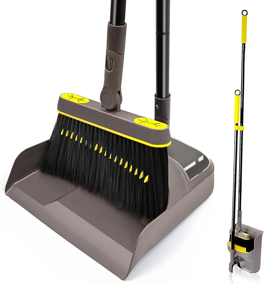 JEHONN Broom with Dustpan Combo Set, Long Handle Lightweight 180 Degree Rotating Sweeping Brush Indoor, Upright Standing Dust Pan with Comb Teeth for Home Room Kitchen Office Lobby (Brown Yellow)