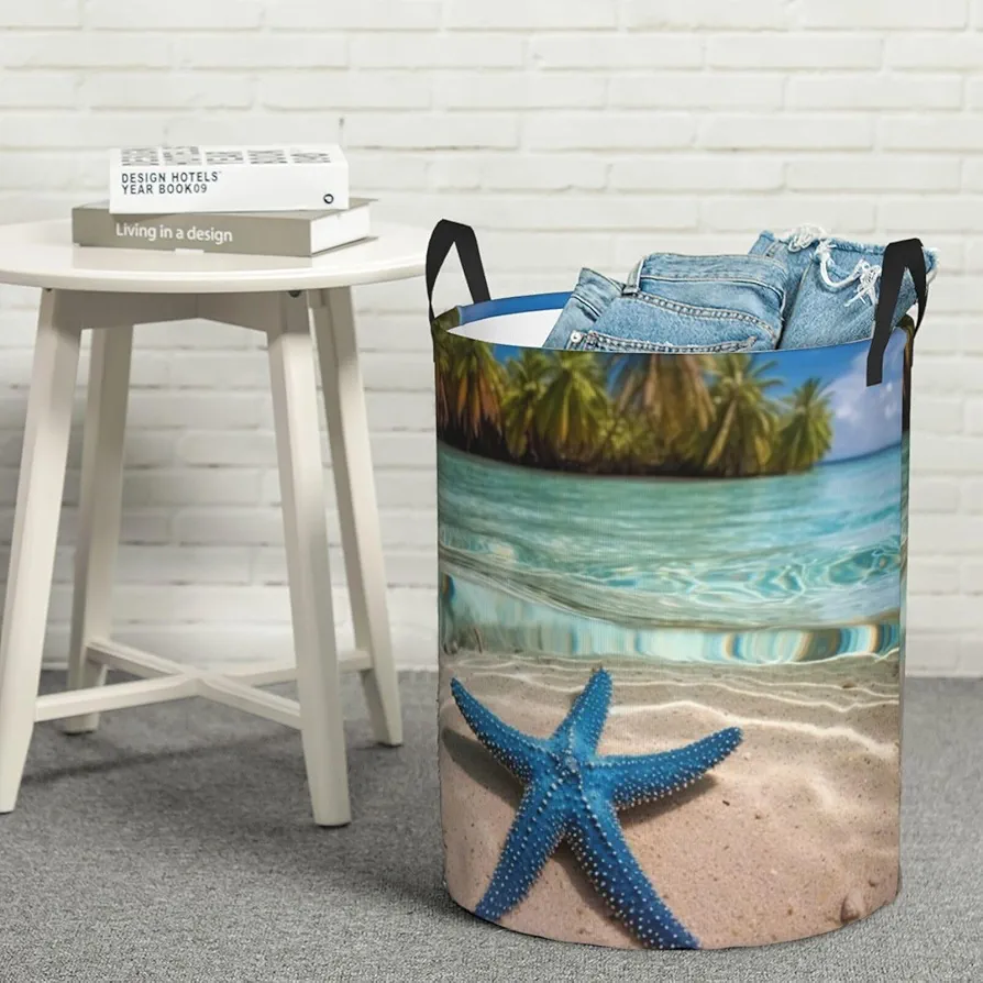 Laundry Basket Waterproof Laundry Hamper With Handles Dirty Clothes Organizer Blue Starfish Stand Under Tropical Print Protable Foldable Storage Bin Bag For Living Room Bedroom Playroom