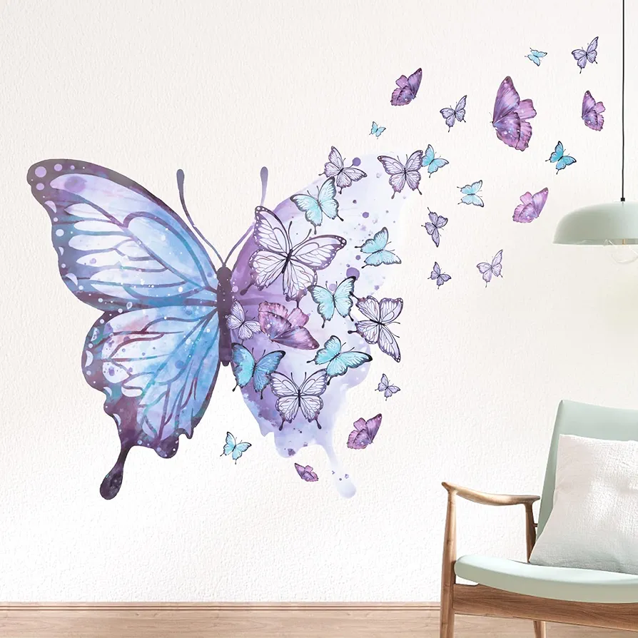 3 Pcs Butterflies Wall Stickers Purple Blue Butterflies Wall Decals Peel and Stick Watercolor Butterfly Art Wall Decor for Girls Women Living Room Bedroom Nursery Children's Room