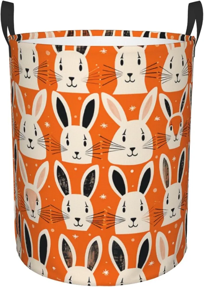 A Set of Rabbit Faces Print Laundry Basket Circular Laundry Hamper with Handles Waterproof Circular Hamper Dirty Clothes Basket Portable Storage Bin for Home Organizer Living Room Bathroom Car Medium