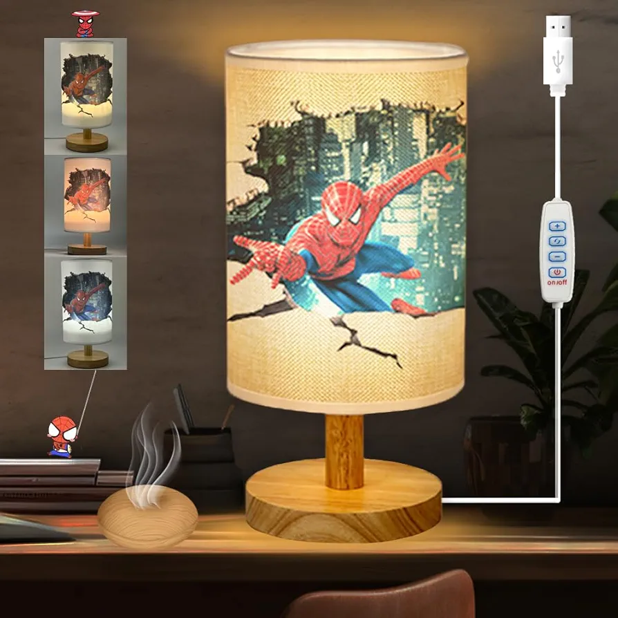 Spider Superhero Bedside Table Lamp for Bedroom Nightstand - 3 Colors Dimmable Night Stand Light Lamp with USB Ports, Wood Base Round Flaxen Fabric Shade Desk Reading Lamp for Kids Room Living Office