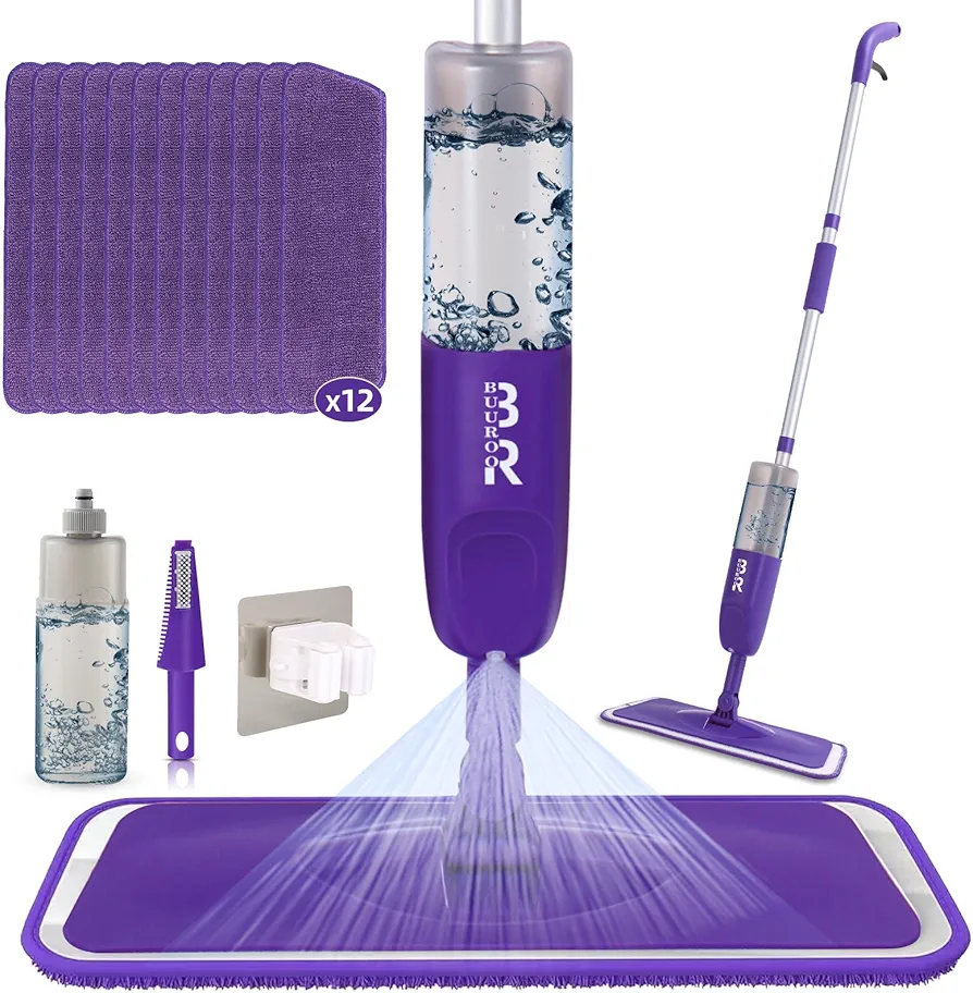 Microfiber Spray Mop for Floor Cleaning Dry Wet Dust Mop for Kitchen Wood Floor Hardwood Laminate Ceramic Tiles 360 Degree Mop Set with 12 Mop Heads Replacement 1 Scraper 1 Mop Holder 1 Bottle