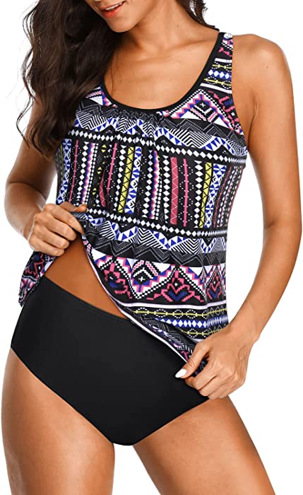 Yonique Womens Blouson Tankini Swimsuits Ladies Tribal Bathing Suits 2 Piece Athletic Swimwear