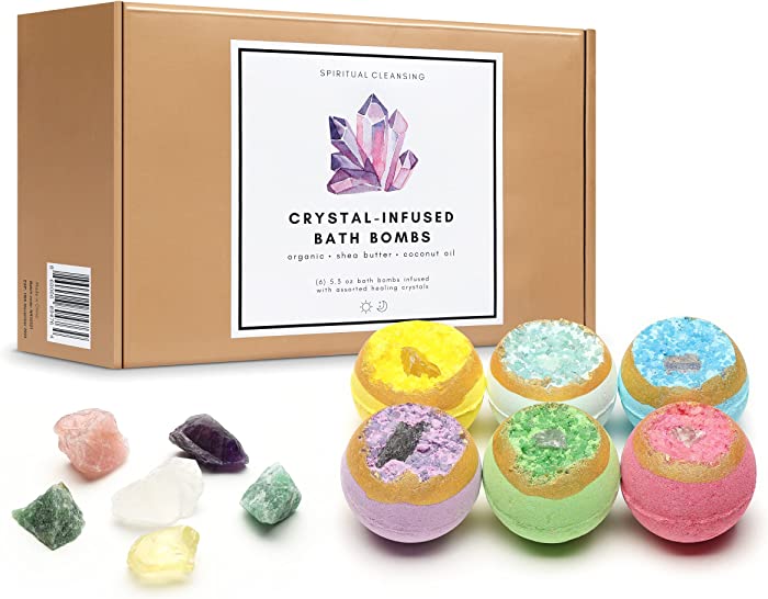 Healing Crystal Bath Bomb Set | 6 Organic Bath Bombs Infused with 6 Crystals Inside | Healing Crystals Set | Chakra Stones and Healing Crystals Gifts for Women | Spiritual Gifts for Beginners