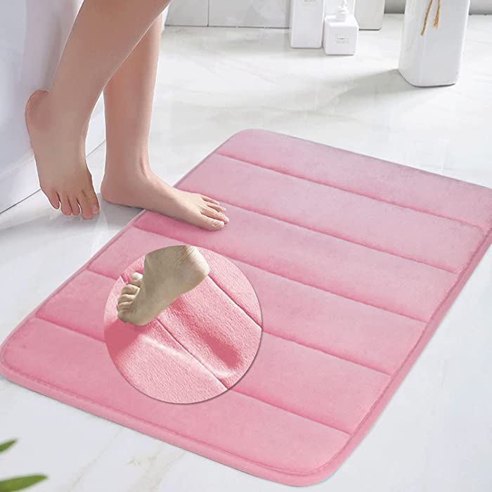 Pink Memory Foam Bath Mat Rugs Non Slip Absorbent Bathroom Rug Carpet Super Water Absorption Bathroom Carpet Machine Washable Quick Dry Non-Slip Thick Bath Mat 17" X 24" Pink