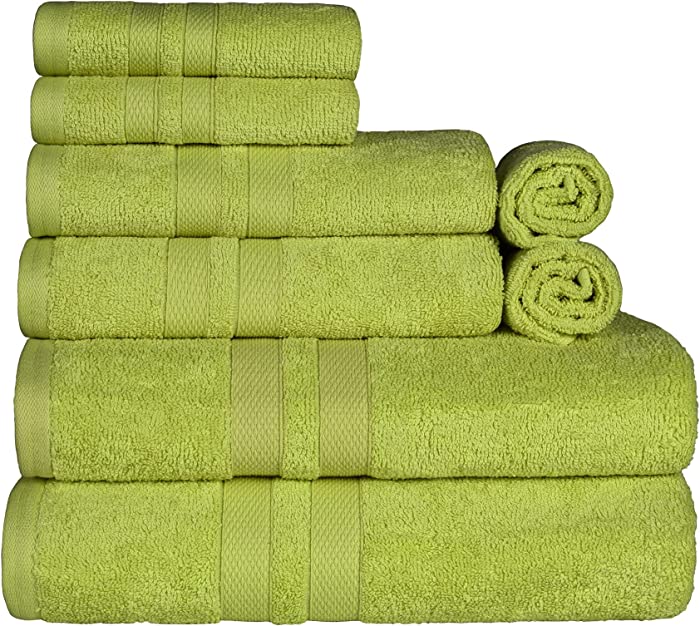 SUPERIOR Cotton Quick Drying 8-Piece Solid Towel Set, Washcloths 13” x 13”, Hand Towels 16” x 30”, Bath Towels 30” x 52”, Celery