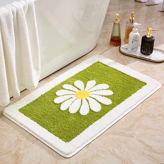 Bathroom Rugs Mat, White Flower Bath Rugs Fluffy Soft Superfine Fiber Rugs Non Slip Bath Mat Machine Wash Plush Mats,Bathroom Rug for Bathroom Shower Room (16X24, Green)