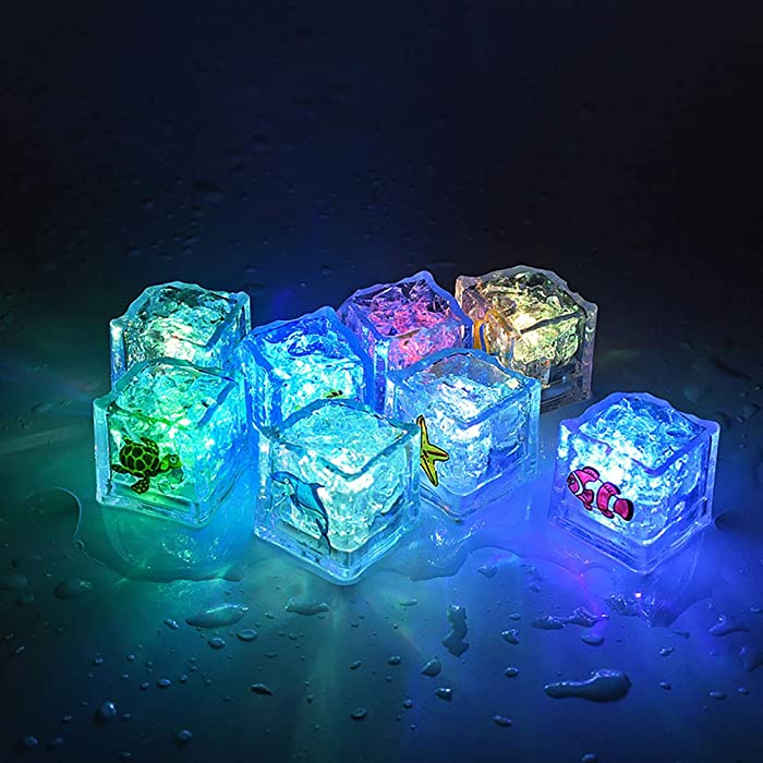 NEXTAKE Novelty Kids Bath Toy 8 PCS Simulation Ice Cube Liquid Water Sensor Mutlticolor Glowing Luminous Ice Cube with Marine Plants and Animals Pattern for Bathtub, Swimming Pool