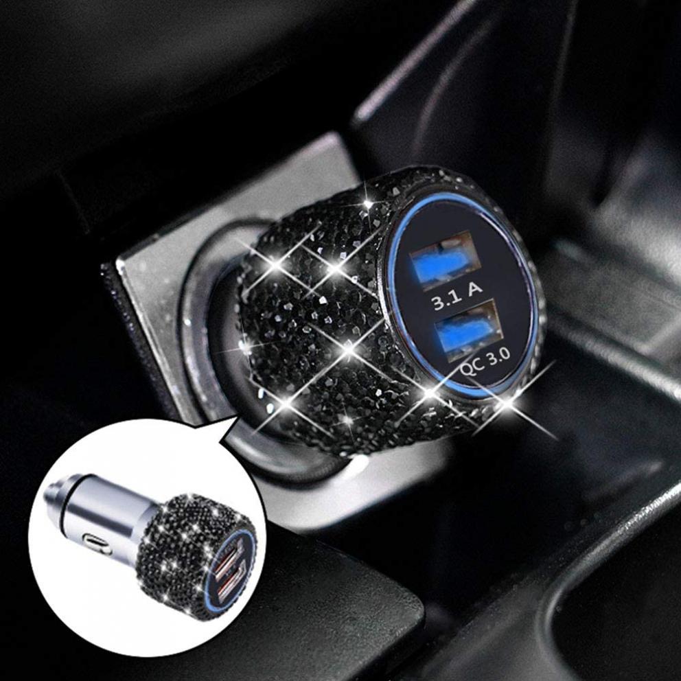 Dual USB Car Charger Quick Charge 3.0 Bling Bling Crystal Car Decorations Black for Fast Charging Car Decors Black for iPhone Android iOS etc