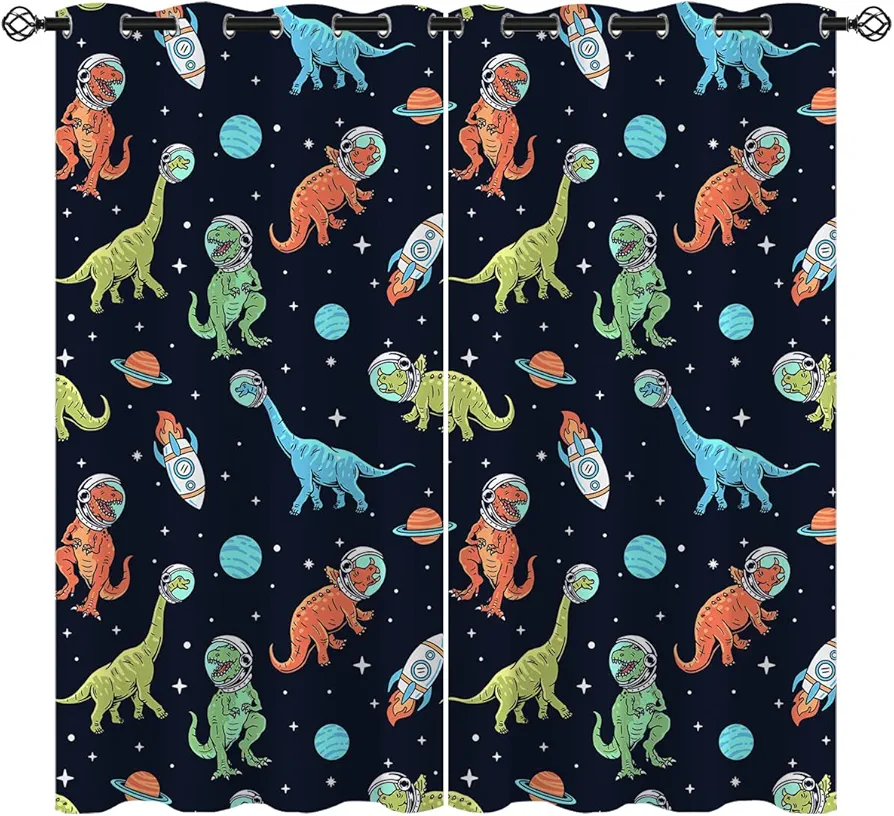 Cartoon Dinosaur Blackout Curtains for Girls Boys Kids Home Decor, Astronaut Rocket Fun Outer Space Grommet Thermal Insulated Drapes Darkening Window Curtain for Bedroom Living Room, 42 x 45 Inch