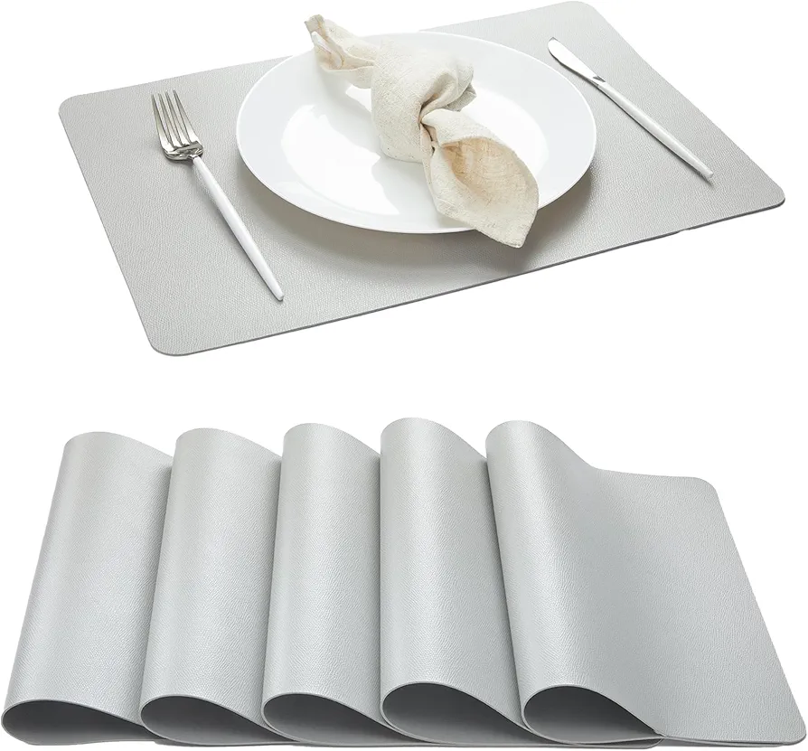 DOLOPL Faux Leather Placemats Set of 6, Heat Resistant Table mats - Anti Slip Table Place Mats, Washable Wipeable Outdoor Placemats for Kitchen Dining Room Table Decorations, Light Gray