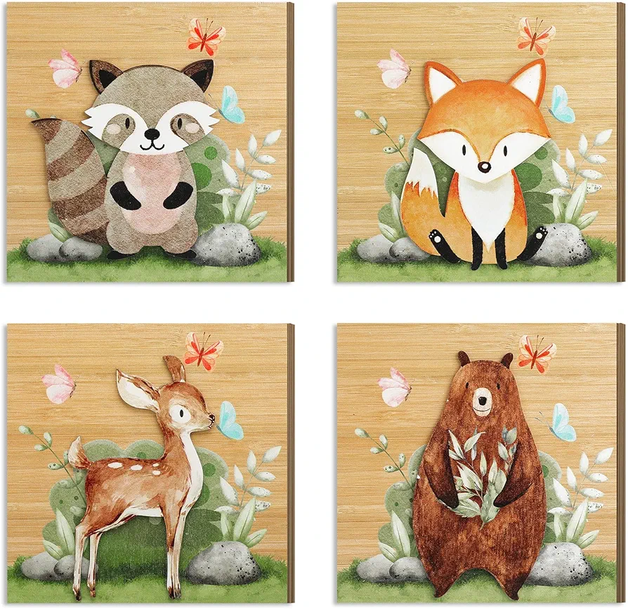 4 Pcs 3D Woodland Nursery Decor Woodland Decor Wooden Forest Animals Bear Racoon Fox and Deer Decor Woodland Creatures Decor for Kids Bedroom, Baby Room Decor Gift