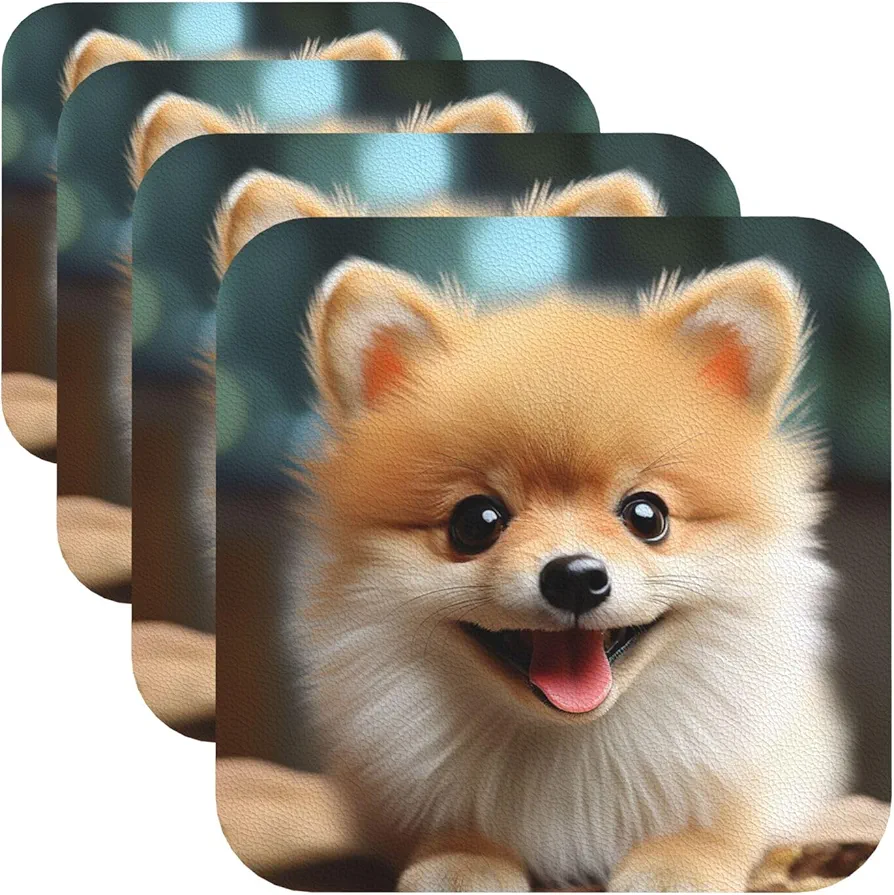 Drink Coasters with Holder Cute Little Pomeranian Leather Coasters Round Coaster for Drinks Tabletop Protection Cup Mat Decorate Cup pad for Coffee Table Kitchen Dining Room Bar Decor