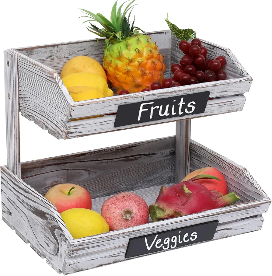 Fruit Basket Holder Vegetable Stand Bread Racks,2 Tier Farmhouse Standing Wooden Organizer,Classic Pastoral Food Basket for Kitchen,Office,Dining Room and Guest Room (Need Assemble)