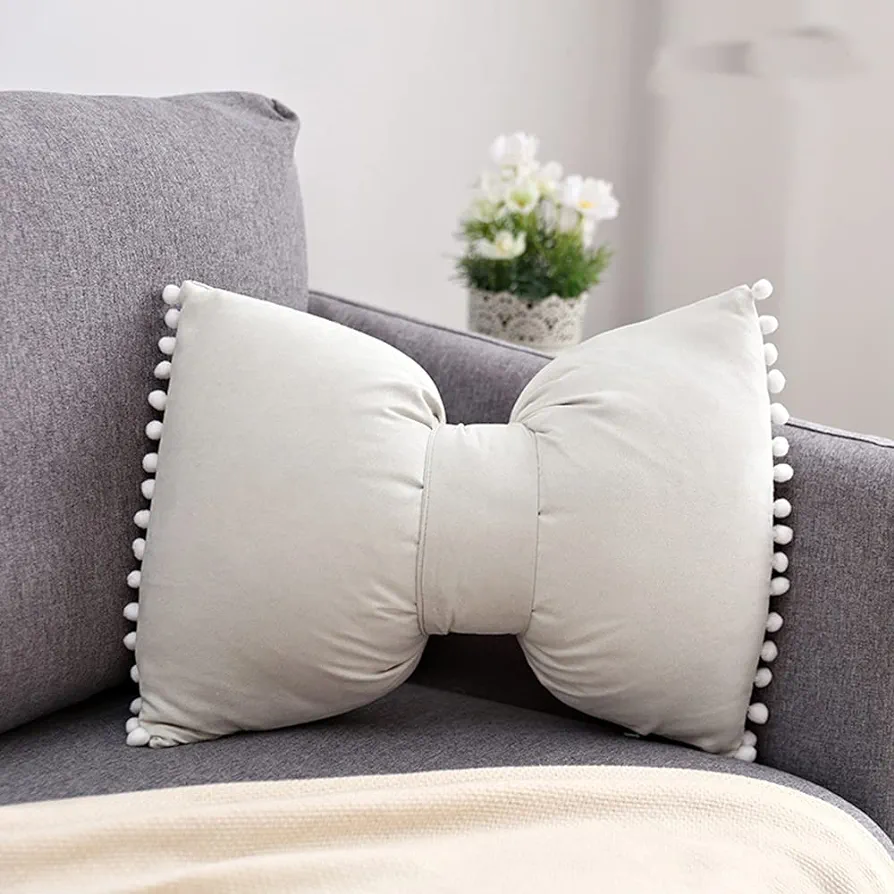 Boho Decorative Throw Pillow Covers with Pom Poms Soft Velvet Pillow Cases Bow Lumbar Pillow Covers 14 x 20 Cushion Case for Bed Couch Living Room Decor Cream