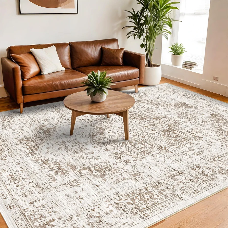 9x12 Large Area Rug - Vintage Washable Rug for living Room with Non-Slip Low-Pile Traditional Medallion Border Rugs with Stain Resistant Foldable Retro Accent Rug Indoor Thin Rug