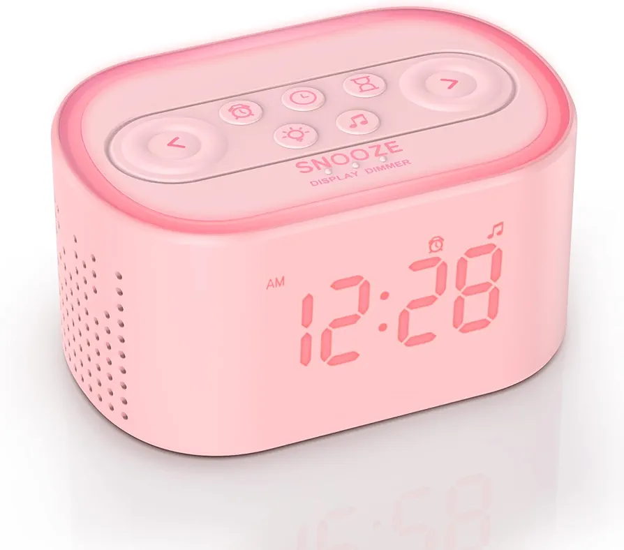 REACHER Pink Alarm Clock & Sound Machine for Girls Room, 21 Soothing Sounds, 7 Wake Up Sounds, 8 Night Lights, 32-Level Volume, Auto-Off Timer, Memory Function, Aesthetic Clock for Bedroom, Home