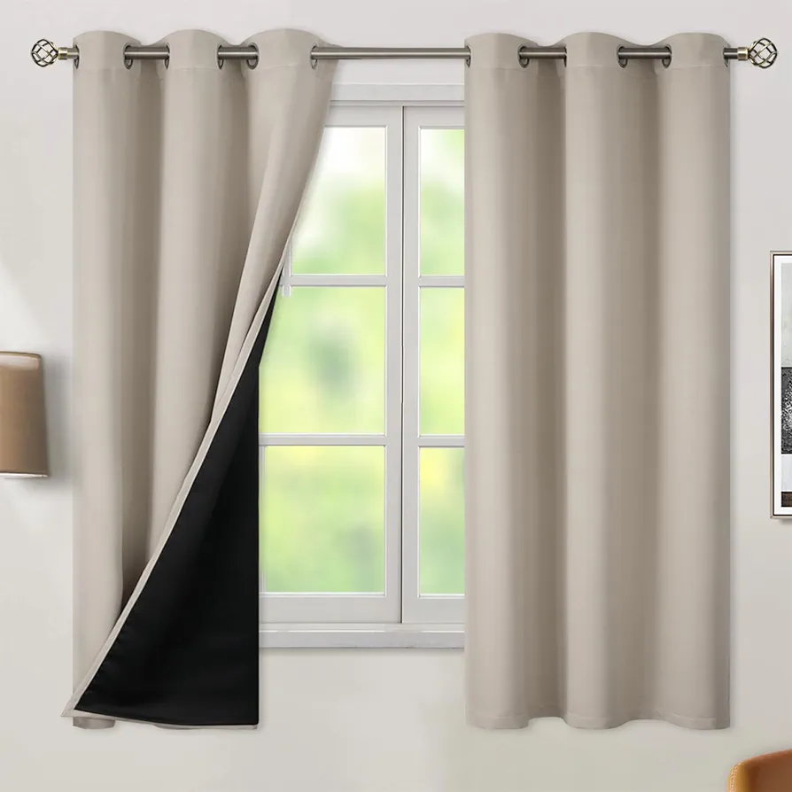 BGment Thermal Insulated 100% Blackout Curtains for Bedroom with Black Liner, Double Layer Full Room Darkening Noise Reducing Grommet Curtain (42 x 63 Inch, Cashmere, 2 Panels)