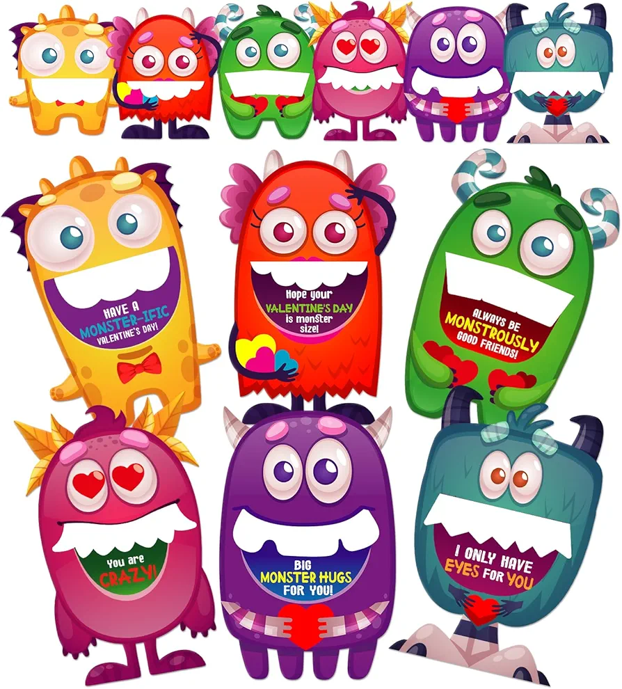 Valentine's Day Cards Foldable Monster Valentines Card for Kids 24 Sets Monster Valentines Day Cards for Kids Classroom Gifts Exchange School Valentine's Party Favors Supplies