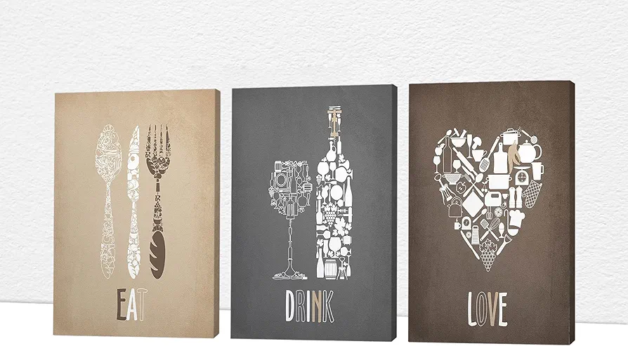 3 Pieces Dining Room Kitchen Canvas Wall Art, Dining Room Quotes Pictures for Wall Decor, Vintage Knives and Forks Wine Glasses Canvas Prints for Kitchen Dining Room Decor Ready to Hang 12"x18"x3PCS