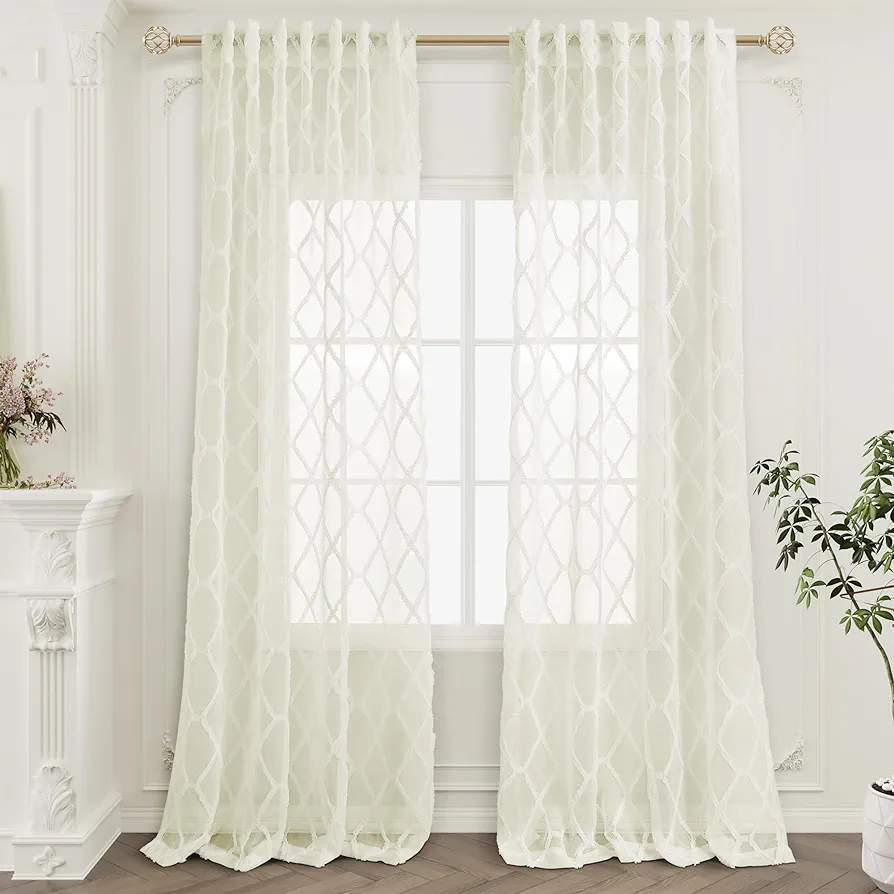 Sheer Curtains 100 Inch Length for Living Room 2 Panels Set Voile Curtain Drapes Cream Textured Curtains Light Filtering Semi Sheer Drapes Fluffy Tufted Embroidered Curtains for Bedroom 52x100