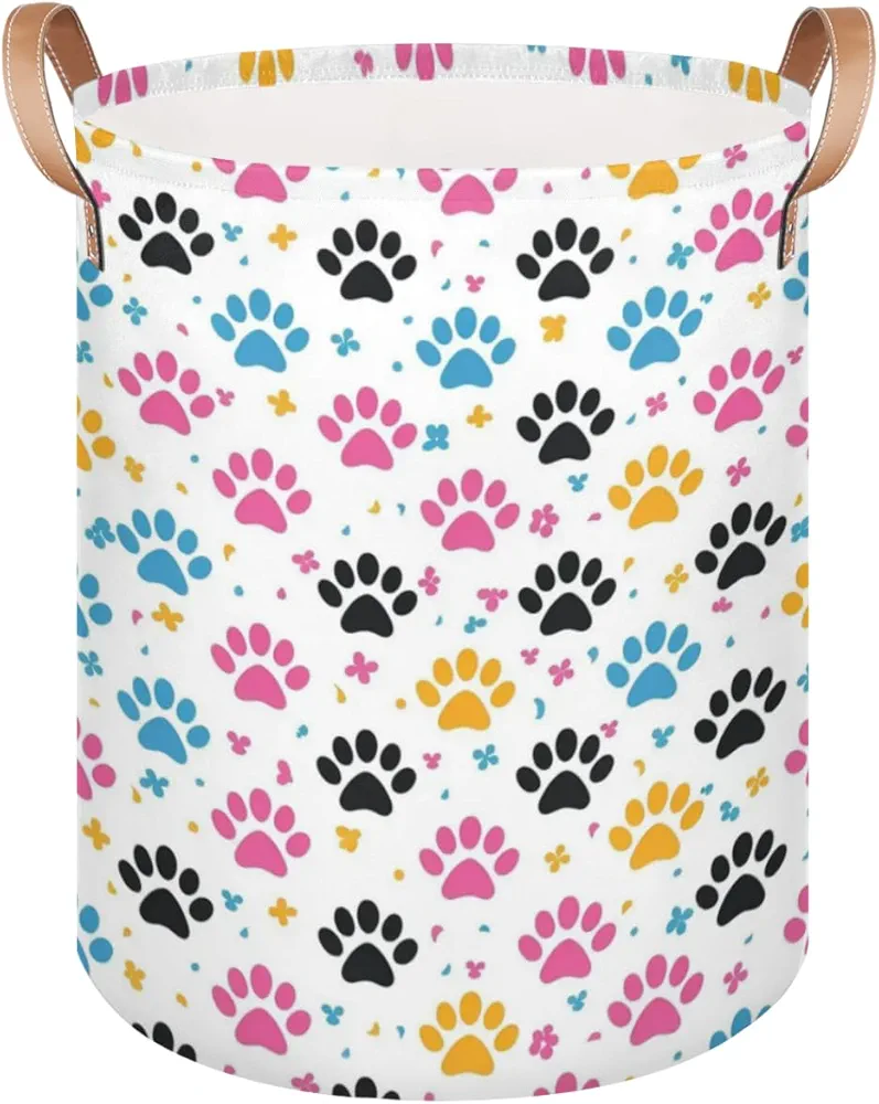 Laundry Basket with Handles, Collapsible Laundry Hamper, Cute Dog Paws Print Waterproof Round Storage Basket for Blanket Towels, Dirty Clothes in Living Room, Bathroom, Animal Footprints