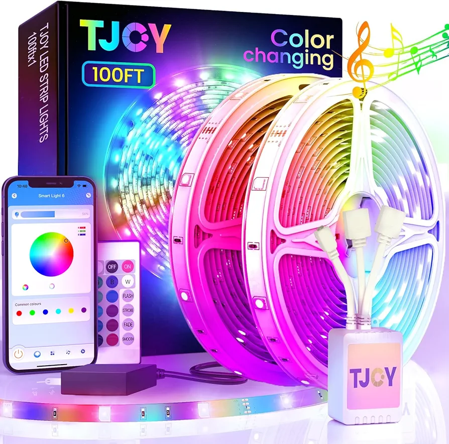 200ft Bluetooth Long LED Strip Lights, Music Sync LED Lights Strip, RGB Color Changing LED Lights for Bedroom with Remote,Smart Phone APP Control, Ceiling Living Room Decor (APP+Remote+Mic/2 Roll)