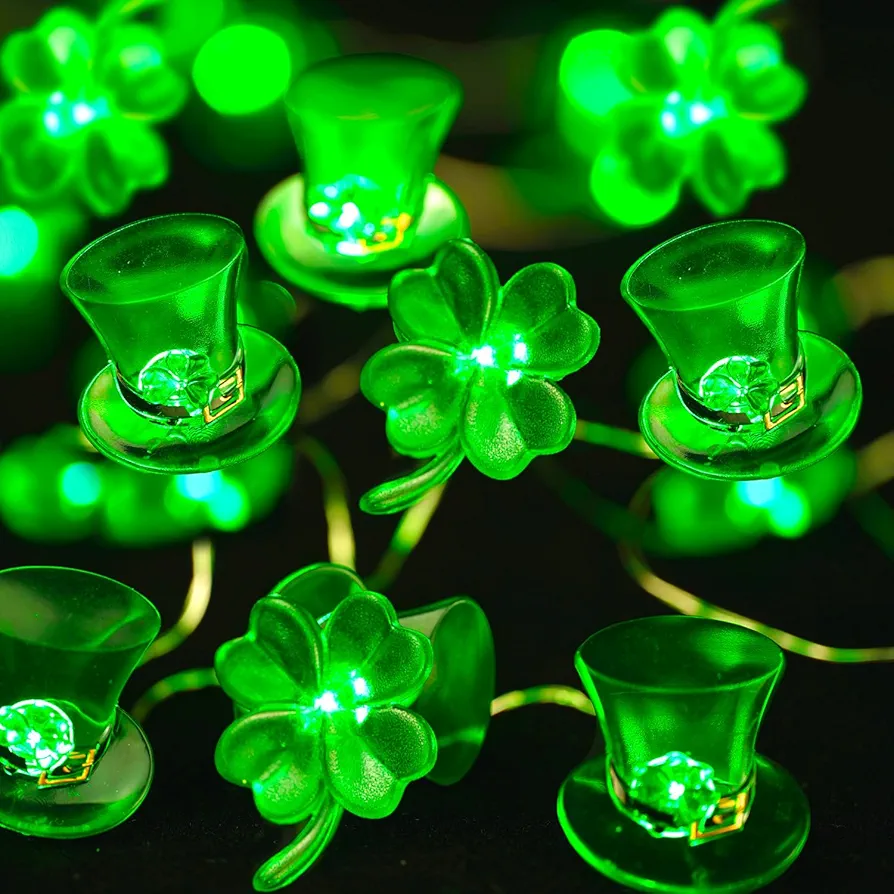 BOHON St Patricks Day Decorations Green Shamrocks Leprechaun Top Hat String Lights 10 ft 30 LEDs Lucky Clover Fairy Lights Battery Operated for Bedroom Feast of Irish Saint Patricks Day Decor