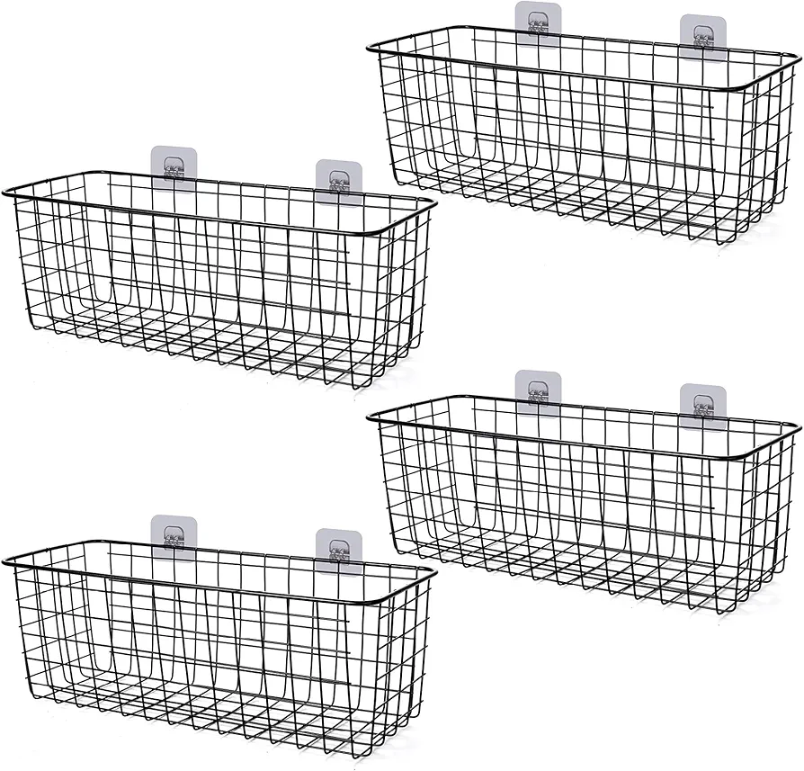 4 Pack Wire Storage Baskets Household Metal Wall-Mounted Containers Organizer Bins for Kitchen Bathroom Freezer Pantry Closet Laundry Room Cabinets Garage Shelf, Large