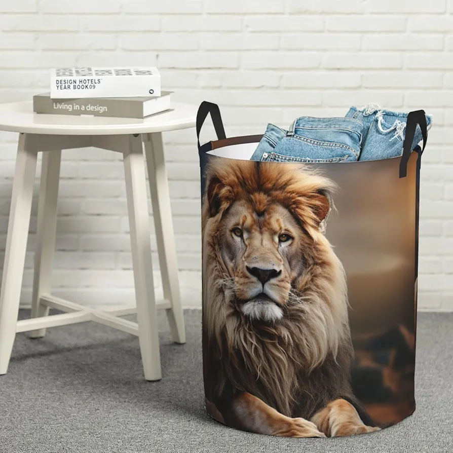 Laundry Basket Waterproof Laundry Hamper With Handles Dirty Clothes Organizer Creative Animals Lion Print Protable Foldable Storage Bin Bag For Living Room Bedroom Playroom, Medium, Black