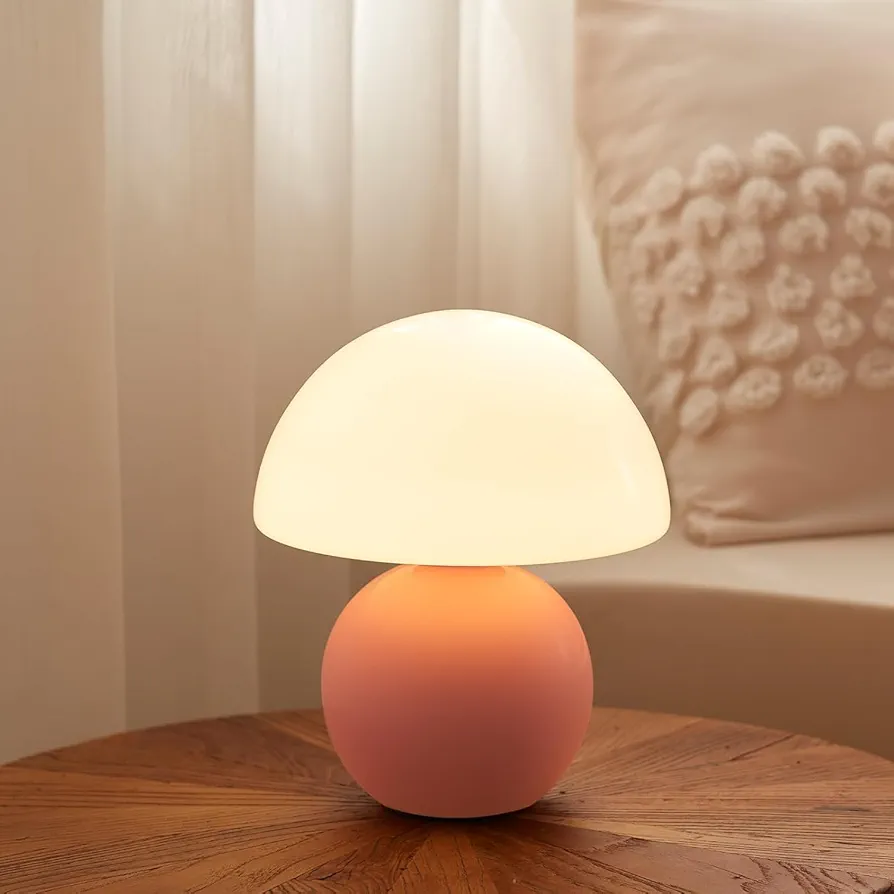 Ceramic Base Mushroom Table Lamp Small,Bedside Nightstand Glass Lamp for Bedroom,Living Room,Kids Room,Pink Unique Aesthetic Cute Small Night Light for Girls,Women's Decor (Pink, Small)