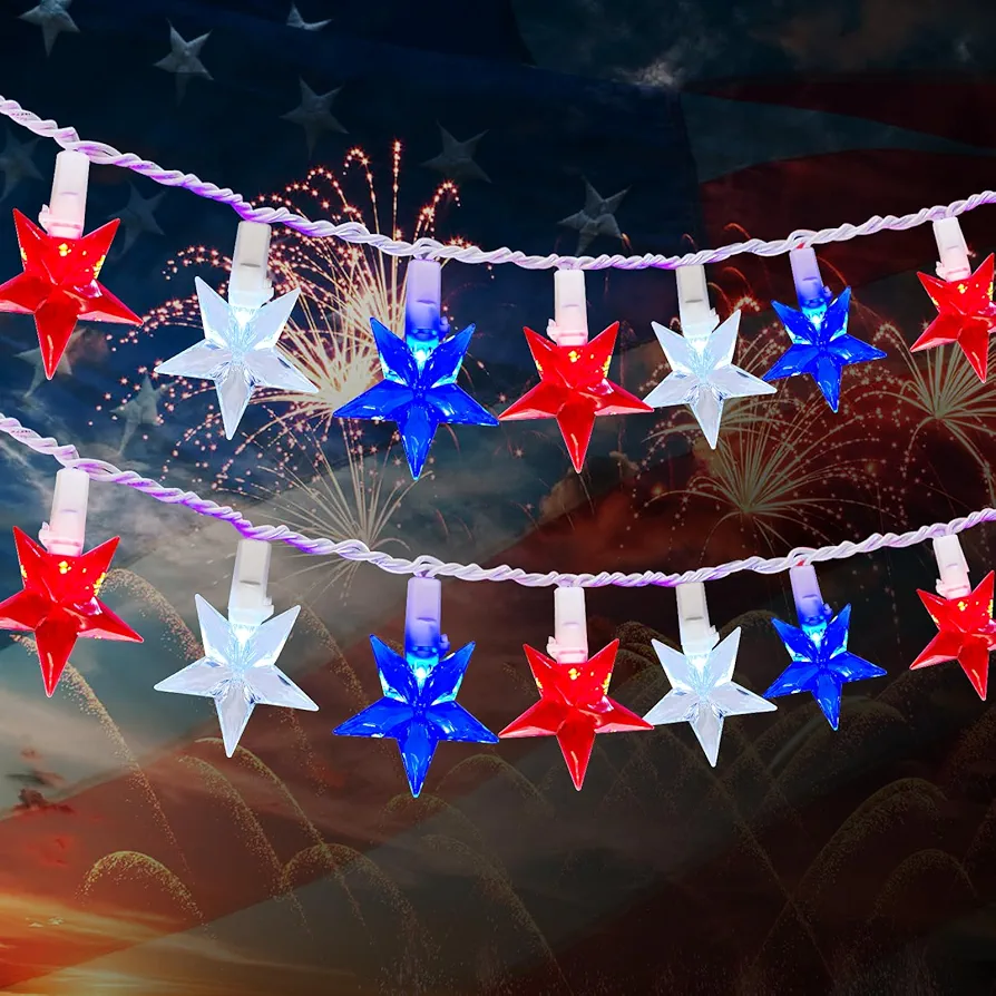 4th of July Decorations Red White and Blue Lights 13.6Ft 35 LED Red White Blue Star String Lights Plug in, Patriotic Star Fairy Lights for Indoor Outdoor Memorial Independence Day Garden Party Decor