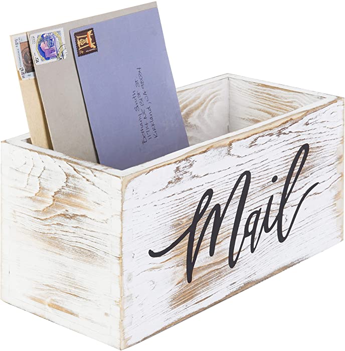 MyGift Whitewashed Wood Mail Holder Storage Box, Desktop Organizer Bin with Mail Script Design