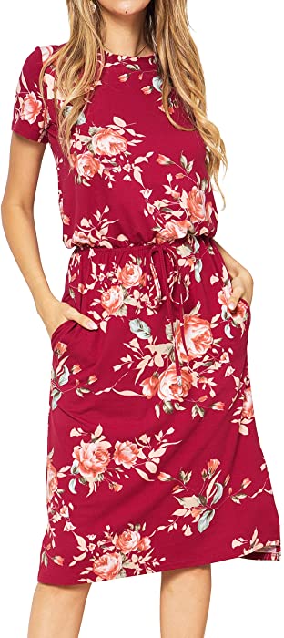 Simier Fariry Women's Hide Belly Blouson Knee Length Dress with Pockets