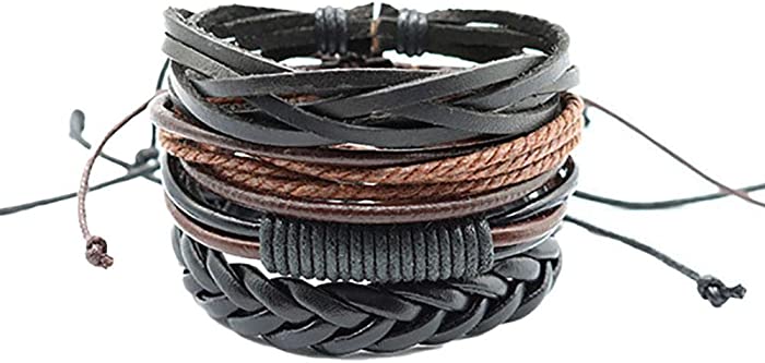 bracelet kit, jewelery, bracelet for women, 4 Pcs Braided Leather Bracelets for Men Women Wooden Beaded Cuff Wrap Bracelet Set Wood Ethnic fall gifts for women Tribal Bracelets Adjustable Black and