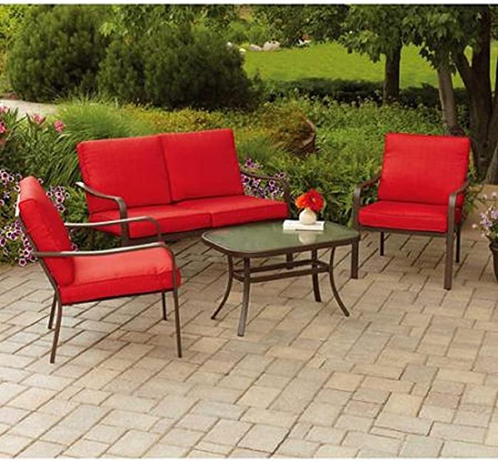 Mainstays Stanton Cushioned 4-Piece Patio Conversation Set, Seats 4 (Red)