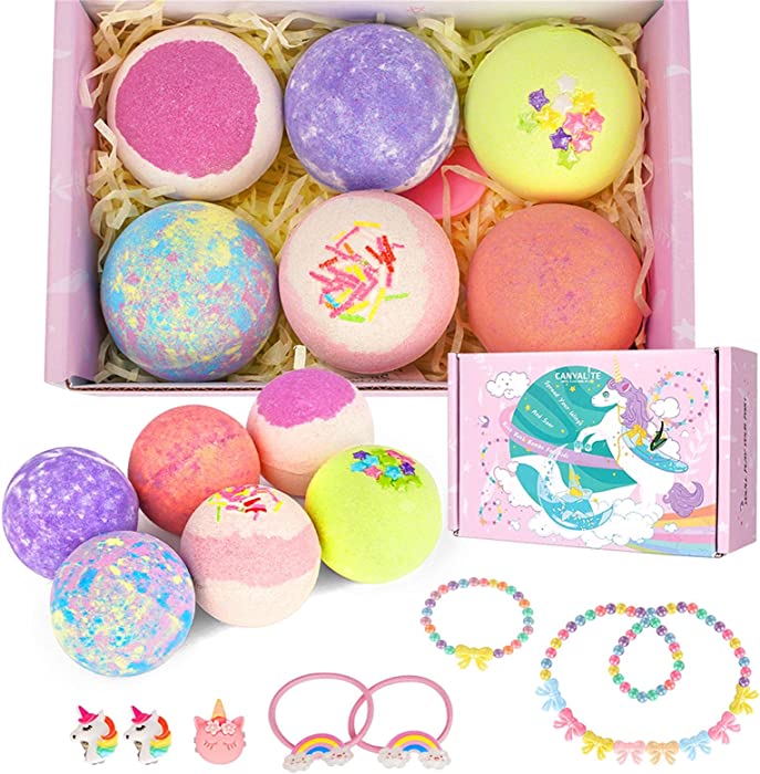 Canvalite Girls Bath Bombs with Surprise Inside 6 Pcs Unicorn Bath Bomb for Kids Skin Friendly Organic Bath Bombs Natural Spa Fizzy Bubbles Bath with Jewelry Toy Inside Girls Gift Set Fizz Balls