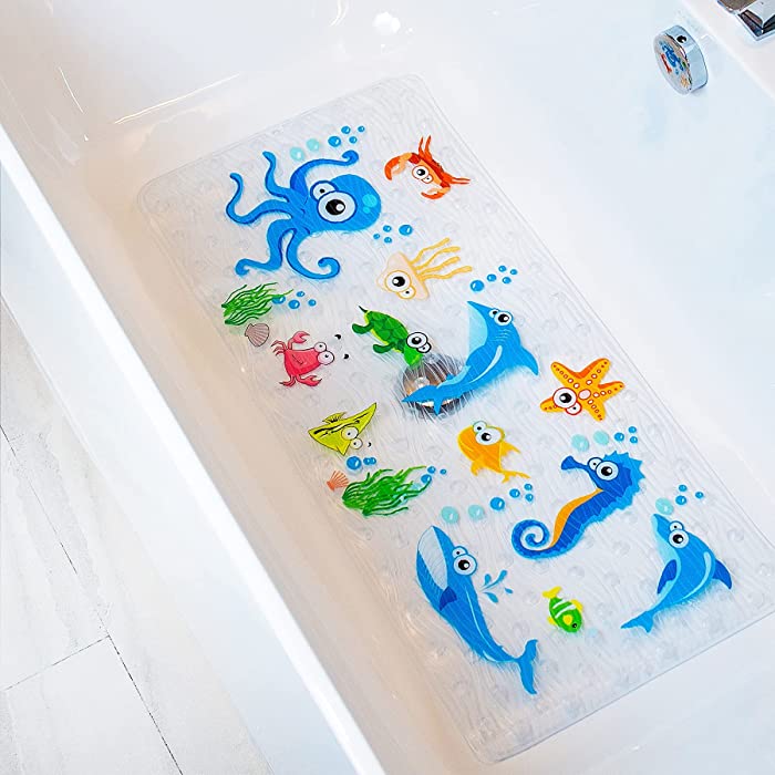 BEEHOMEE Bath Mats for Tub Kids - Large Cartoon Non-Slip Bathroom Bathtub Kid Mat for Baby Toddler Anti-Slip Shower Mats for Floor 35x15,Machine Washable XL Size Bathroom Mats (Blue-Octopus)