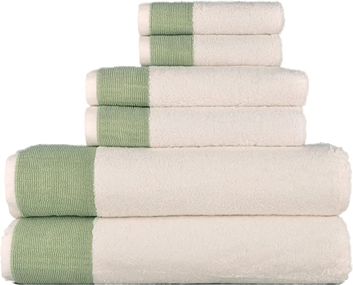 Venice Luxury Hotel & Spa Premium 6 pcs Bath Towel Set, 100% Turkish Cotton, Towel Sets, White Towel with Sage Green Stripe