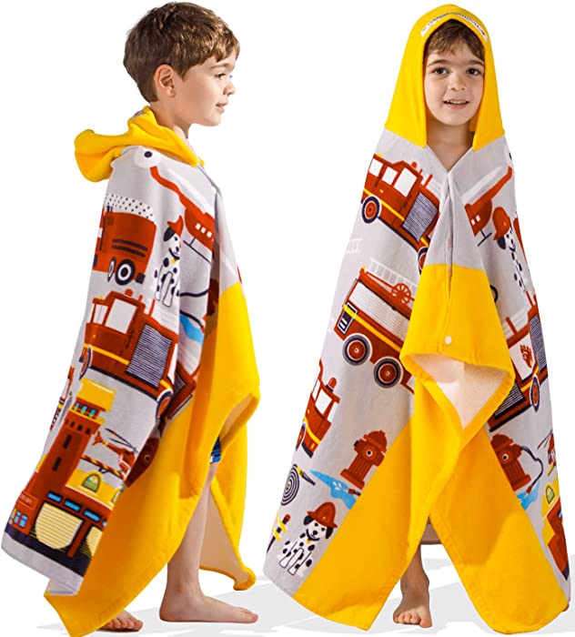 Kids Beach/Pool/Bath Hooded Towel, 30''X50'' Oversized Boys Girls Swim Surf Camping Hood Towel, Absorbent Cotton Cover Up/Poncho/Bathrobe for 3T Toddlers to 12 Years, Fire Truck Theme