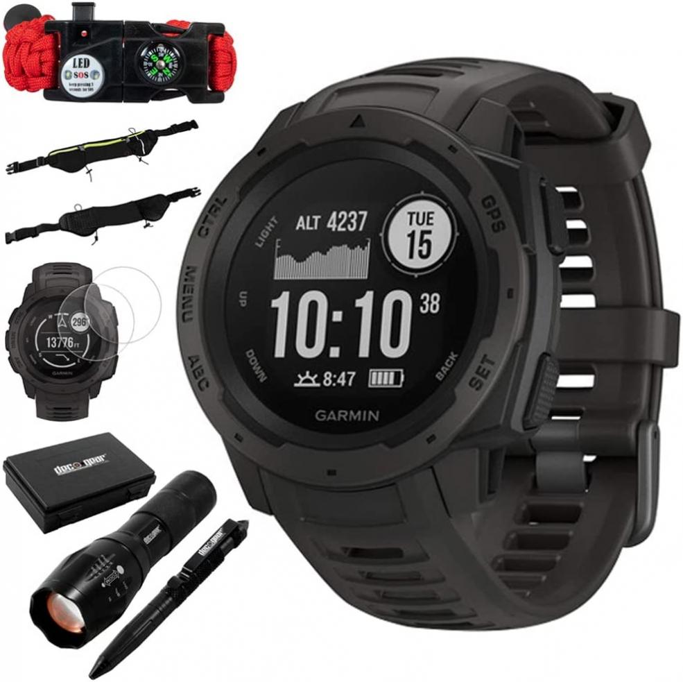 Garmin Instinct Rugged Outdoor Watch w/GPS & Heart Rate Monitoring, Graphite +Accessories Bundle Includes, Tactical Emergency Bracelet, Tactical Flashlight & Pen Set w/Case, Zippered Waist Bag +More