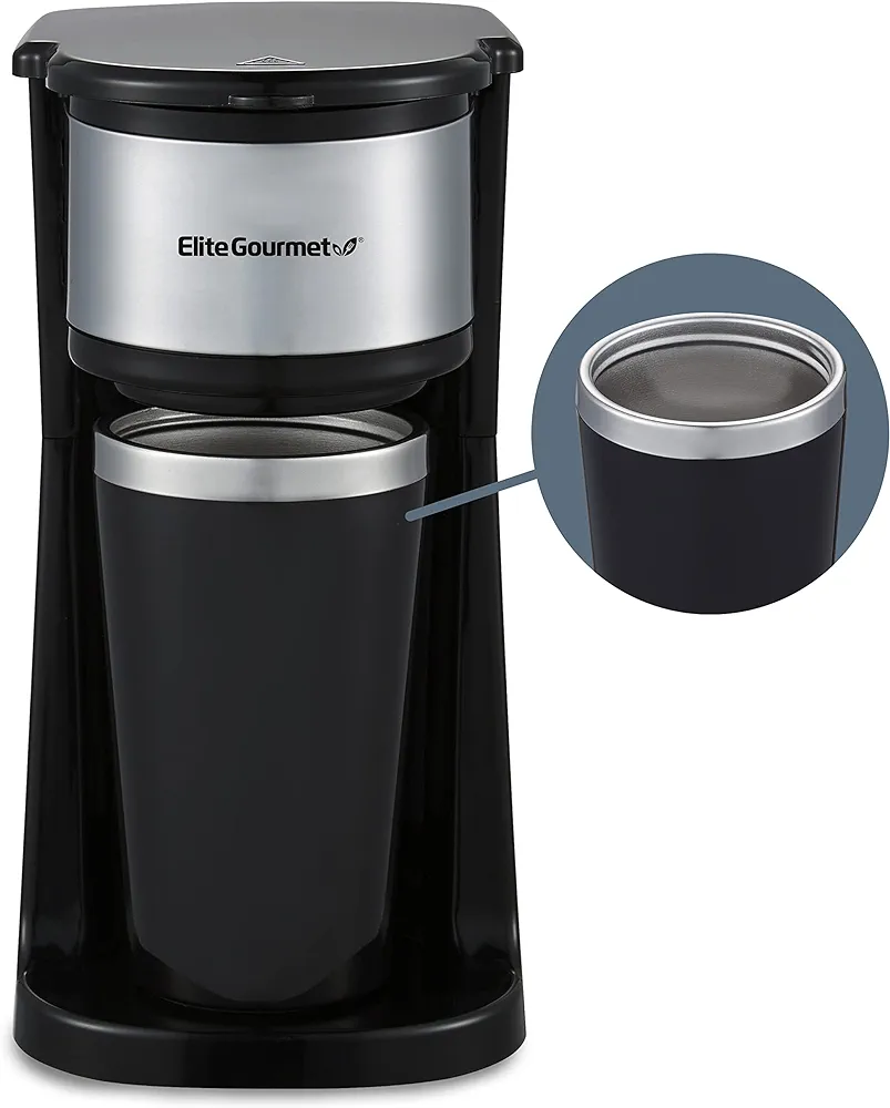 Elite Gourmet EHC-112B Personal Single-Serve Compact Coffee Maker Brewer Includes Stainless Steel Interior Thermal Travel Mug, Compatible with Coffee Grounds, Reusable Filter