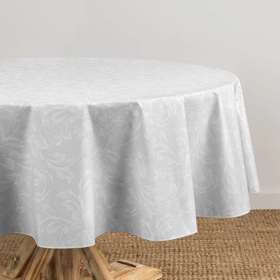 Elrene Home Fashions Camile Floral Damask-Scroll Water- and Stain-Resistant Vinyl Tablecloth with Flannel Backing, 60 Inches X 84 Inches, Oval, Gray/White